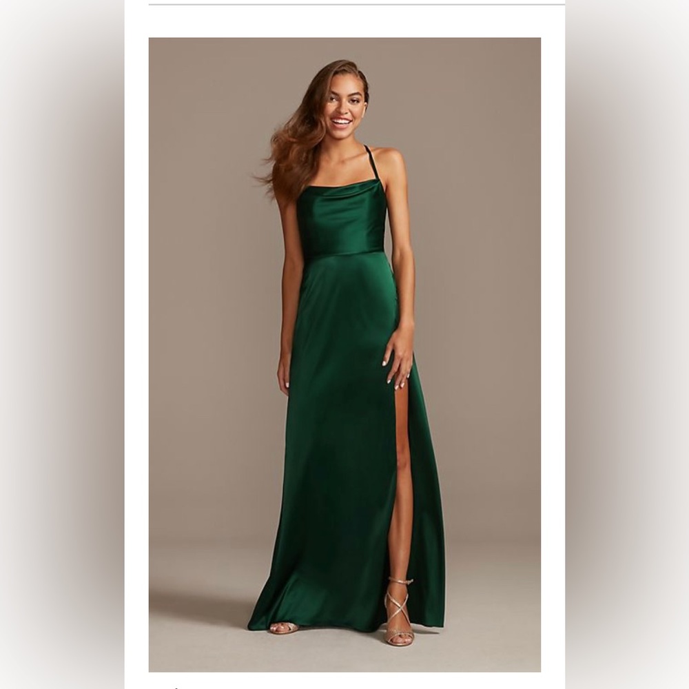 David’s Bridal DB Studio Shiny Charmeuse Cowl Neck Slip Dress with Slit
